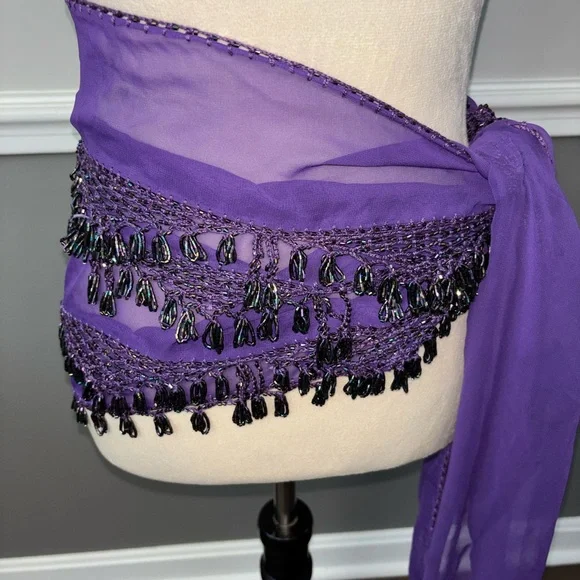 Elegant Purple Sheer Shawl with Beaded Fringe - Picture 4 of 6